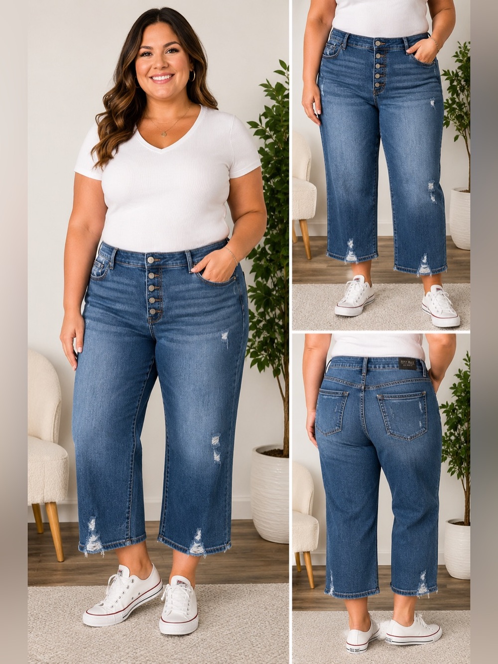 Judy Blue Womens 18W Distressed Crop Jeans Button Fly Wide Leg Stretch Plus Size
